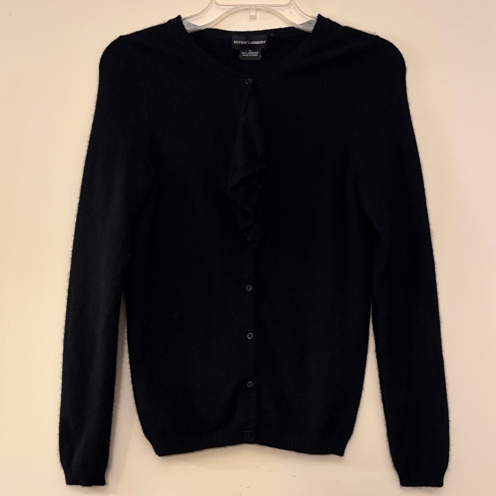 Sutton Cashmere Black Button Down Classic Cardigan with Front Ruffle, size small
